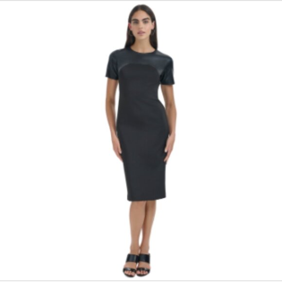 Calvin Klein Women's Faux-Leather-Trim Sheath Dress - Black - Picture 1 of 4